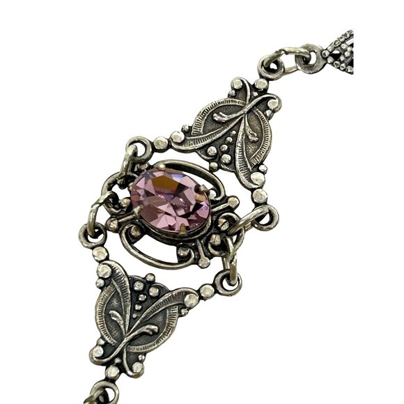 Sadie Green Vtg Bracelet Silver Tone Faux Amethyst Floral Filigree Panels Beads - Picture 5 of 16
